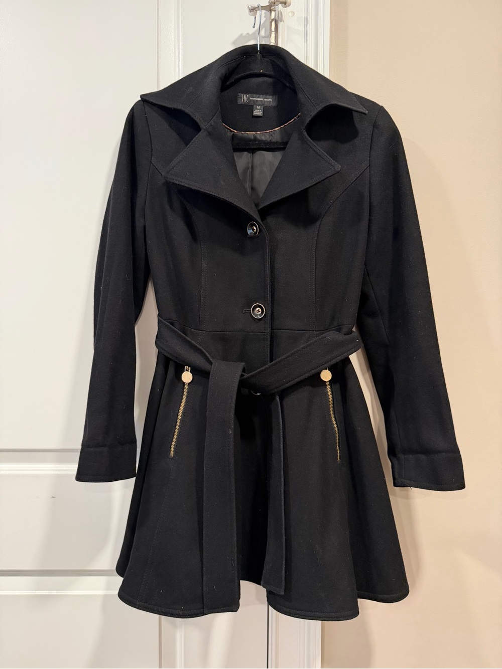 INC International Concepts Black Fit-Flare Pea Coat with Gold Zipper Accents